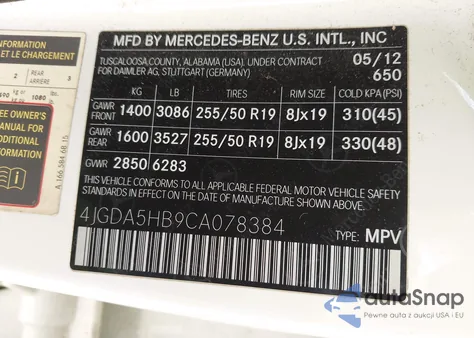 2012 Mercedes-Benz Ml 350 4Matic из США, поврежденный, VIN 4JGDA5HB9CA078384